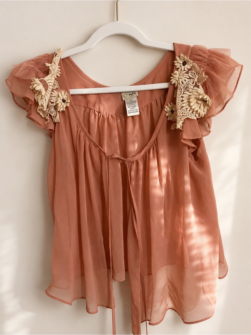 Daytrip Blush Boho Cottagecore Floral Appliqué Chiffon Top Medium